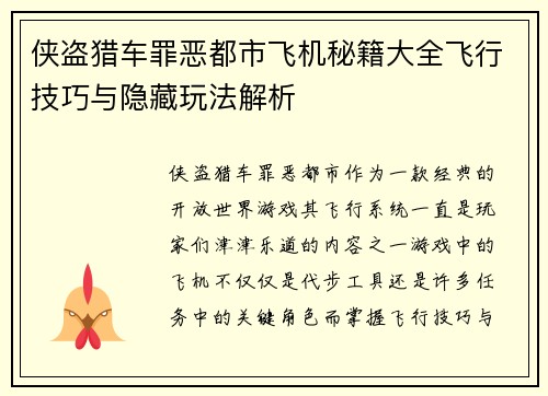 侠盗猎车罪恶都市飞机秘籍大全飞行技巧与隐藏玩法解析
